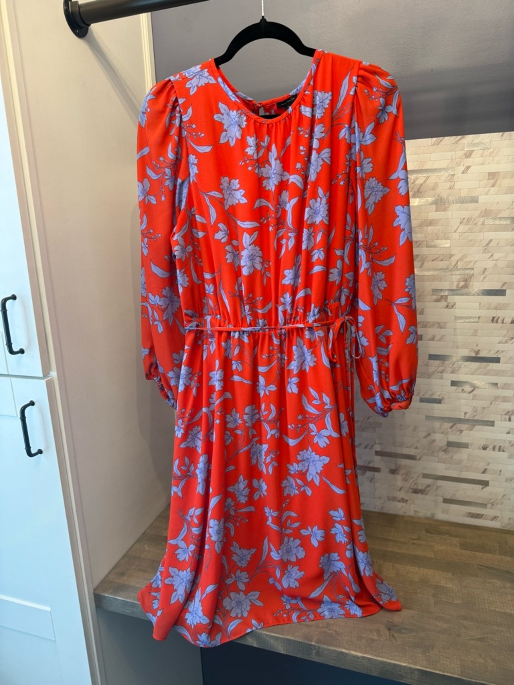 Bright Red Floral Long Sleeve Dress with Blooms ANN TAYLOR XL